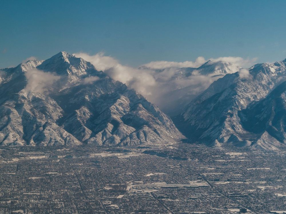 Snow-covered Wasatch mountains above Salt Lake City